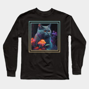 Puffy Chartreux Cat Vibrant Tropical Flower Digital Oil Painting Portrait Long Sleeve T-Shirt